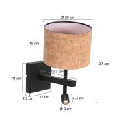 Vegglampe Stang, svart/brun LED-leselampe Høyde 27 cm Kork
