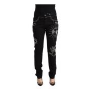 Svarte Bomull Mid Waist Prydede Slim Fit Jeans