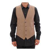 Beige Slim Fit Button Front Dress Vest