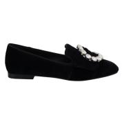 Svarte Velvet Krystall Loafers Flats Sko