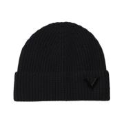 Sort Ribbestrikket Cashmere Beanie