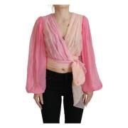 Rosa Silke Wrap Bluse med Lange Ermer