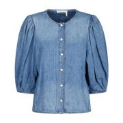 Denim Kragefri Bluse med Vintage Vask