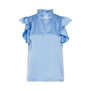 Ruffle Erme Dusty Blue Bluse