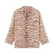 Beige Tiger Print Silke Skjorte