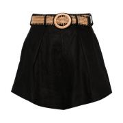 Sort Lin Pleated High Waist Shorts