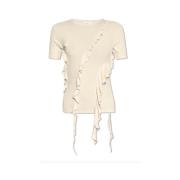 Beige Ribbet Ruffled T-skjorte Topp