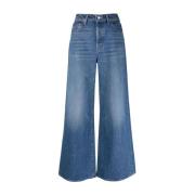 Blå Wide-Leg Jeans med Brodert Logo