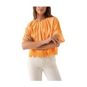 Oransje Brodert Bluse med Korte Ermer