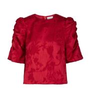 Rød Jacquard Puffererme Bluse