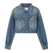 Blå Denim Cropped Jakke med Patina