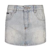 Blå Rhinestone Mini Denim Skjørt