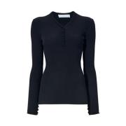 Sort Ribbestrikket Henley Topp