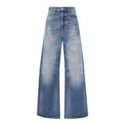 Blå Straight-Leg Jeans med Whiskering