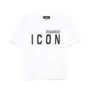 Hvit Icon Print Crew Neck T-skjorte