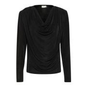 Elegant Drapert Jersey Bluse Svart