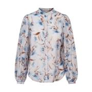 Elegant Blomsterermet Bluse med Kinakrage