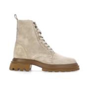 Beige Semsket Combat Boots med Glidelås