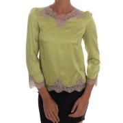 Grønn Silke Stretch Bluse med Beige Blomsterblonde