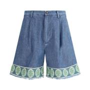 Broderte Denim Shorts med Frynset Hemline