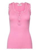 Silk Top W/ Button & Lace Tops T-shirts & Tops Sleeveless Pink Rosemun...