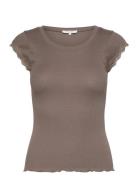 Short Sleeve Top W/ Lace Tops T-shirts & Tops Short-sleeved Brown Rose...