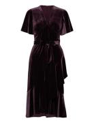 Belted Velvet Flutter-Sleeve Dress Knelang Kjole Burgundy Lauren Ralph...