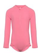 Swimsuit L S Solid Rib Bodies Long-sleeved Pink Lindex